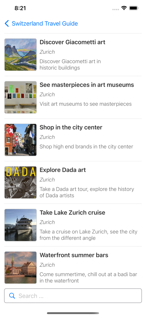 스위스 여행 가이드 앱 내의 취리히 미술관, 쇼핑, 호수 크루즈 등 취리히 여행 활동 목록.