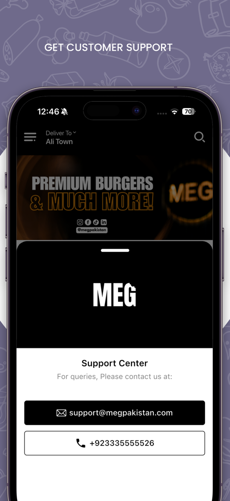 MEG BURGERS - Customer support screen in the MEG BURGERS mobile app showing contact email and phone number
