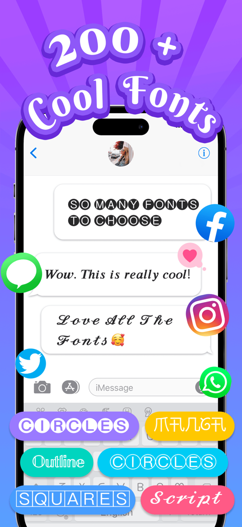 Interfaz de la aplicación móvil Teclado Kika que muestra varias fuentes personalizadas con estilo para mensajería en redes sociales.