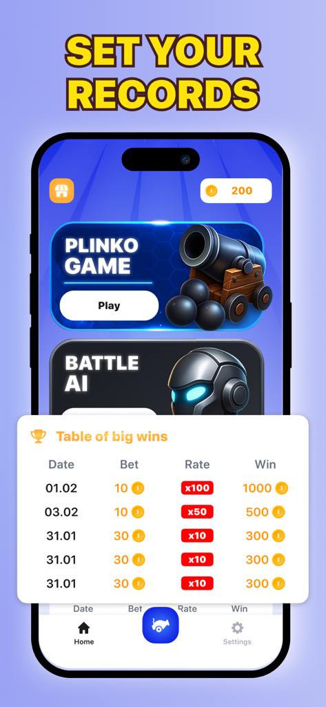 Plinko Game ⁢ - Interfaccia dell'app Plinko Game che mostra una tabella di grandi vincite e modalità di gioco