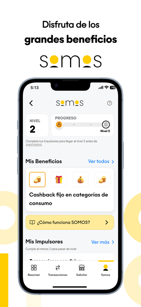 Móvil APAP app interface showing the SOMOS loyalty program dashboard with user level progress and cashback rewards