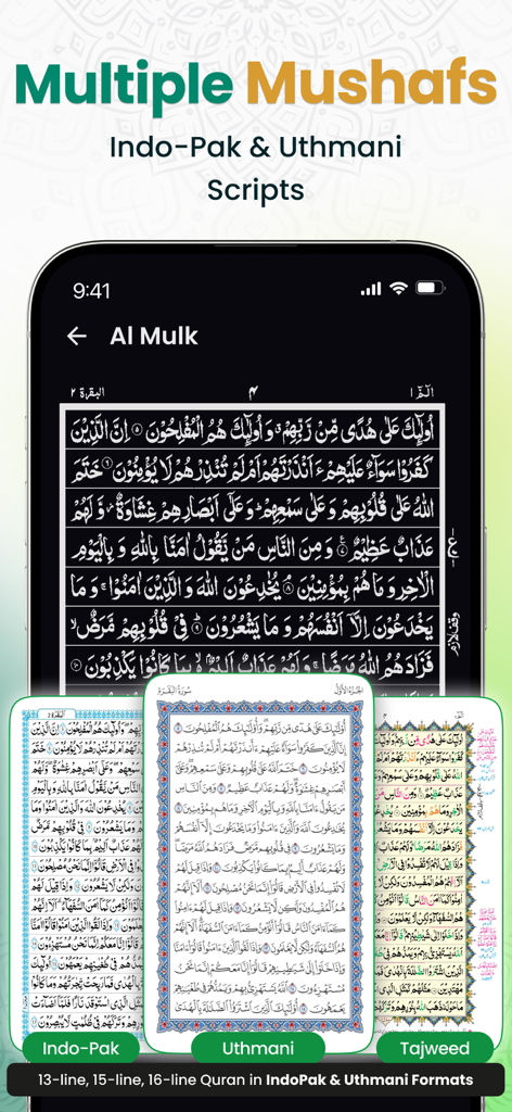 Quran Majeed - Tazkiah - Quran Majeed Tazkiah app interface showing multiple script options including Indo Pak Uthmani and Tajweed mushafs with various line layouts
