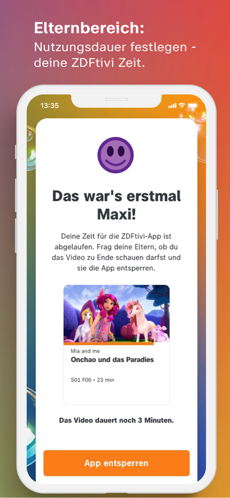 ZDFtivi-App – Kinderfernsehen - Écran montrant une notification de limite de temps d'utilisation pour les enfants dans l'application ZDFtivi