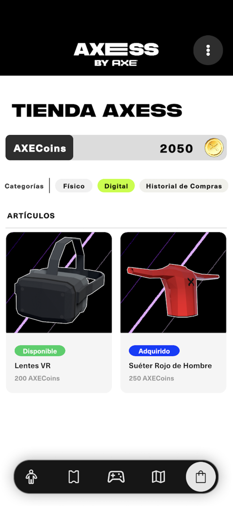 In-app store of AXESS by AXE showing digital rewards and coin balance