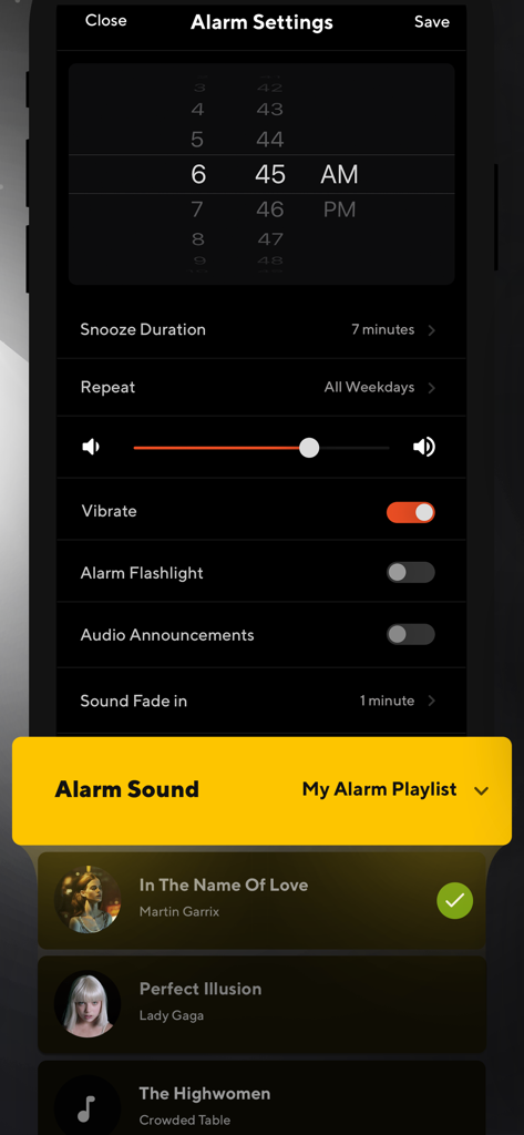 Alarm Clock: Music Sleep Timer - Settings menu for the alarm clock app showing time selection and custom music playlist options.
