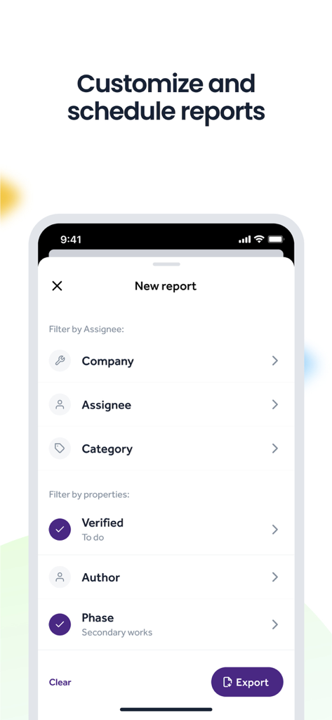 Finalcad One app interface for customizing and scheduling construction project reports with filter options for company, assignee, and phase.