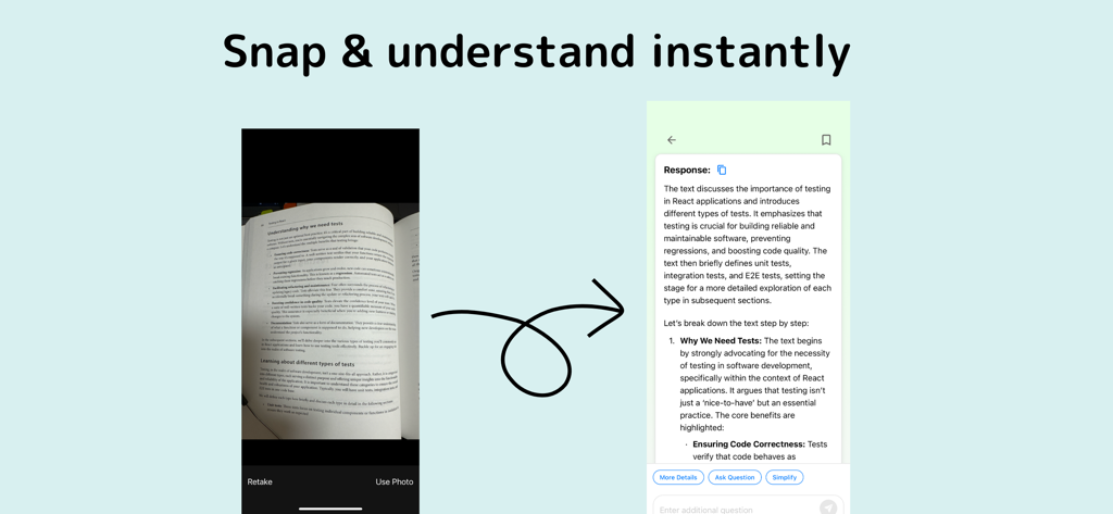 AI Teacher: Scan Text & Quiz - Una página de libro de texto siendo fotografiada y luego explicada por la aplicación móvil Profesor IA