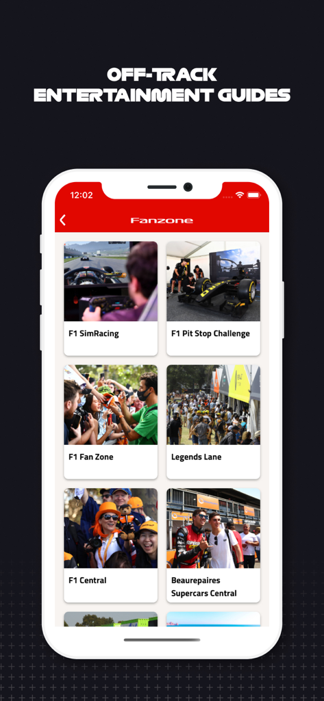 F1 Race Guide - Interface of the F1 Race Guide app displaying fanzone activities and off track entertainment options