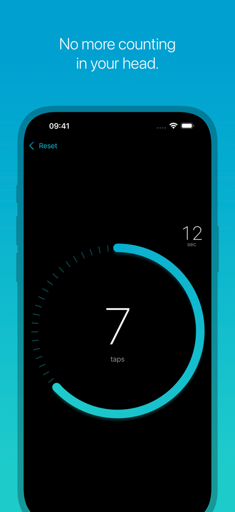 Interface do aplicativo Medtimer mostrando um contador de toque grande e um cronômetro circular para medir frequências cardíaca e respiratória.