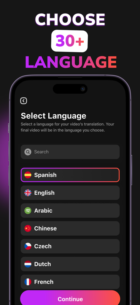 Dubbing AI Video Translator - Dubz AI Smartphone-Bildschirm mit einer Liste von über 30 Sprachen für die Videobearbeitung und -synchronisation.