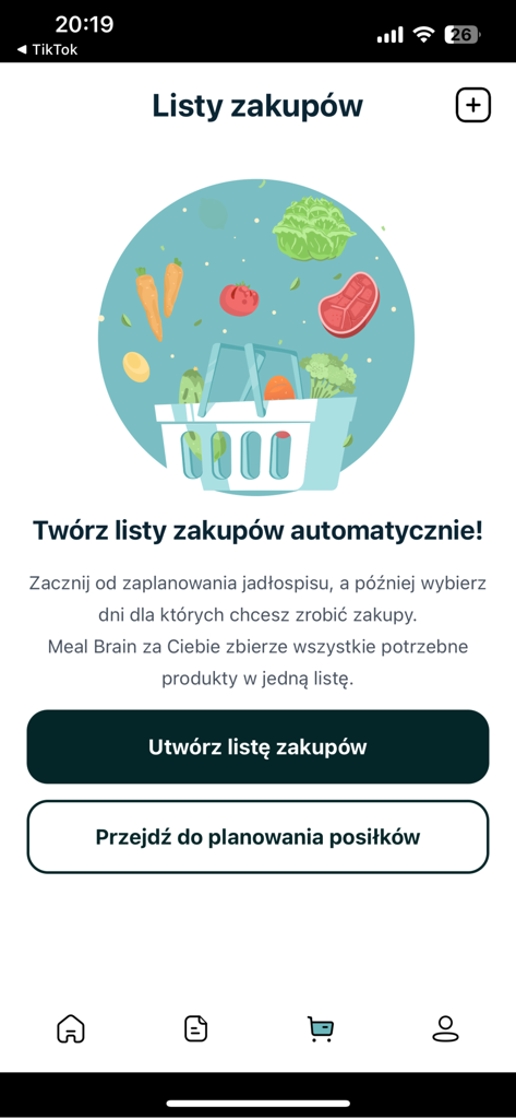 Meal Brain - Interface do aplicativo Meal Brain mostrando o recurso de geração automática de lista de compras com uma ilustração de cesta de supermercado