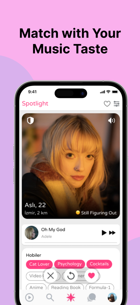 Meet Music: Dating for Spotify - Meet Music app screen showing a user profile with a music player and hobby tags for matching based on musical taste