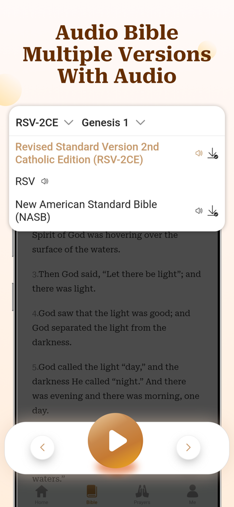 Aleluya: Holy Bible Offline - Pantalla de la aplicación Aleluya mostrando múltiples versiones de la Biblia en audio, incluidas RSV-2CE y NASB, con controles de reproducción