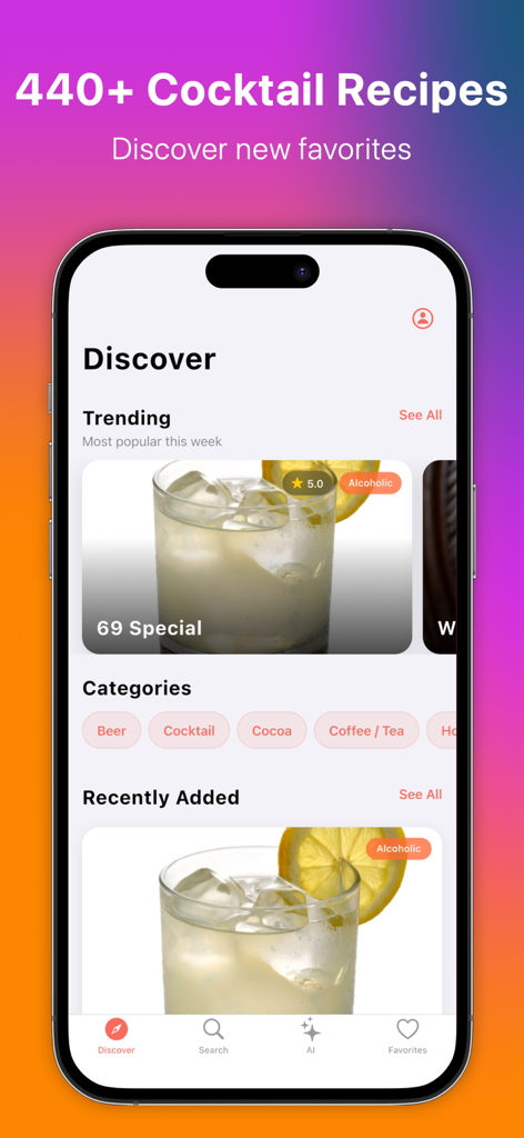 Smartphone screen displaying the discover section of the Cocktail Recipes To Go app featuring trending drinks and recipe categories