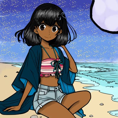 manga girl posing at the beach