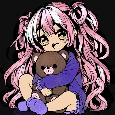 manga girl, long curly hair, happy, cuddling a teddy bear