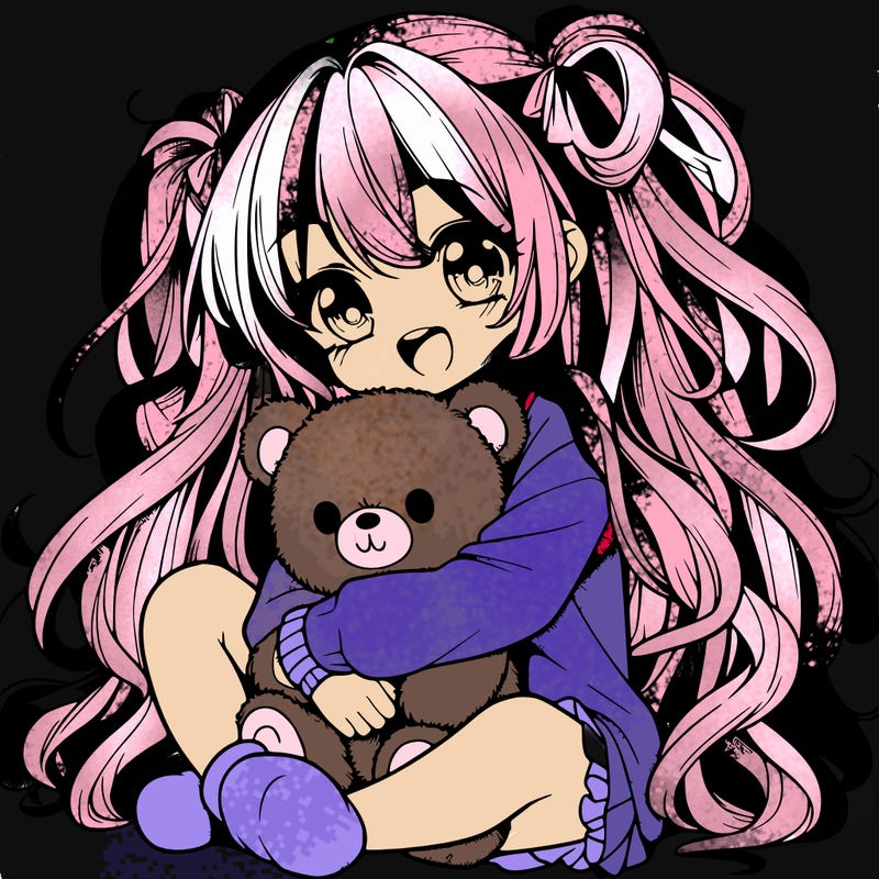 manga girl, long curly hair, happy, cuddling a teddy bear