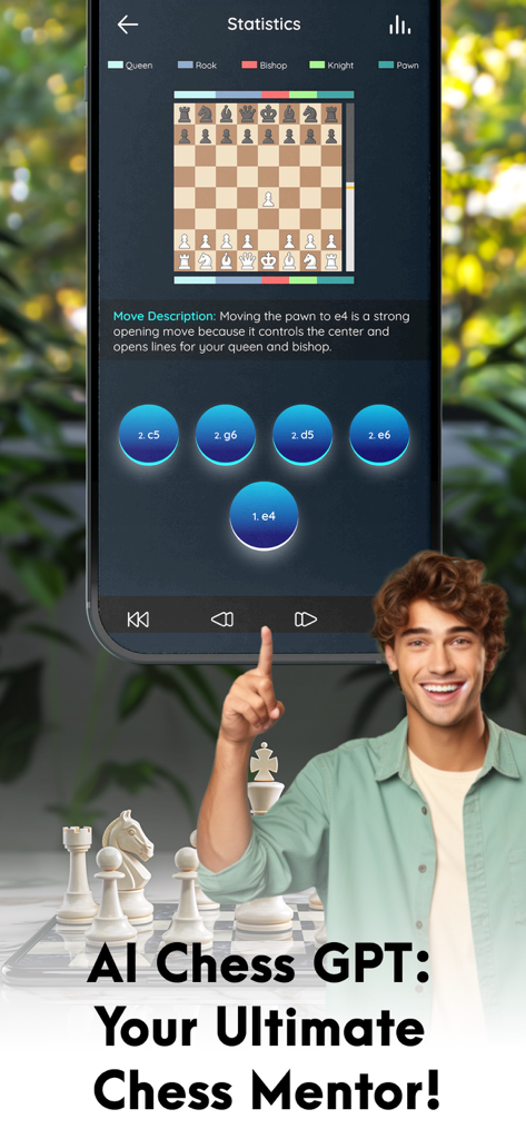AI Chess GPT - AI Chess GPT app interface showing natural language move explanation and game statistics