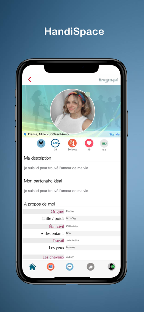 HandiSpace - Dating & Chat - Detaillierter Benutzerprofilbildschirm der HandiSpace Dating-App, der eine Biografie und persönliche Informationen anzeigt.