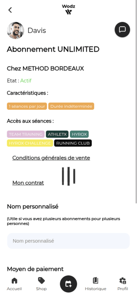 Wodz - User profile view in the Wodz app showing an active unlimited subscription for a fitness club with session access details.