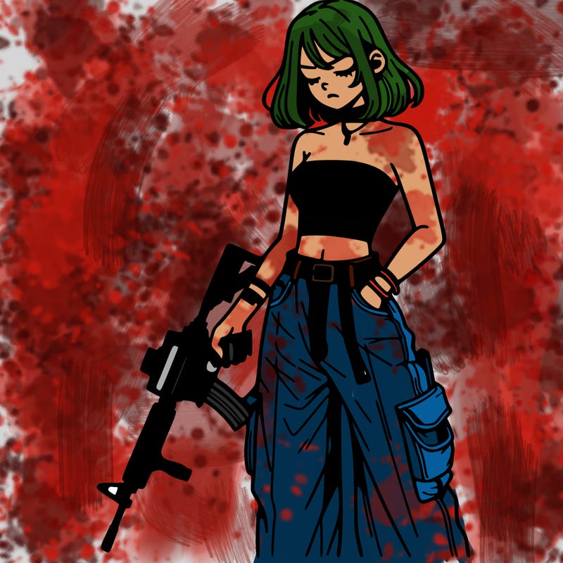 a dangerous girlcrop top and baggy jeans with a rifle in her hand