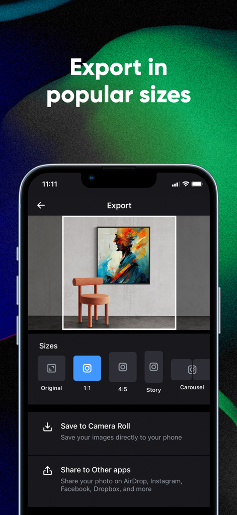 Smartist: Art Preview on Wall - Smartphone screen showing the export options of the Smartist app with various social media aspect ratios for an art mockup