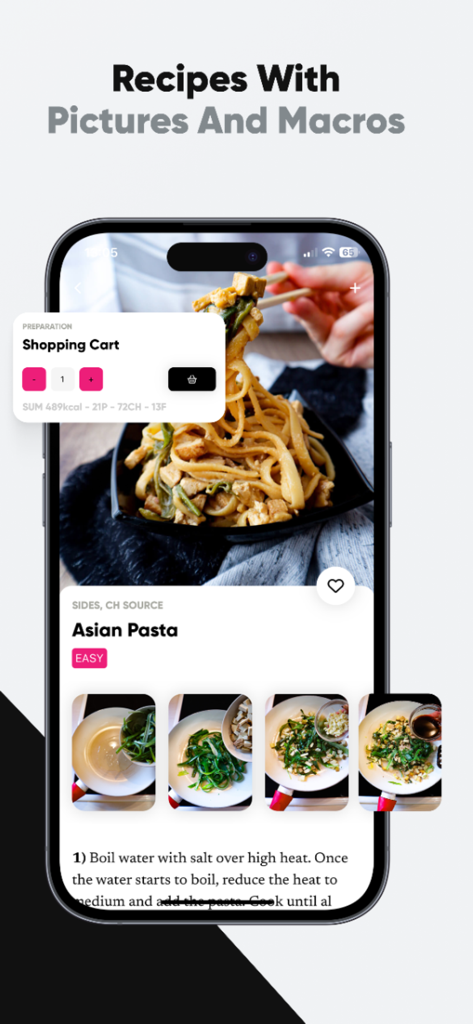 NOEX Training Platform - Receita saudável de Macarrão Asiático com macronutrientes e fotos de preparação no aplicativo Plataforma de Treino NOEX.
