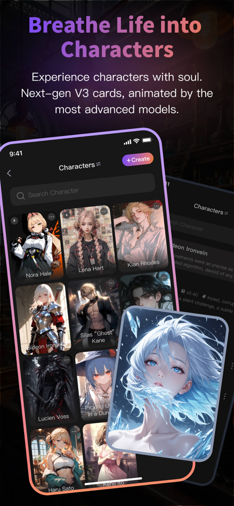 Eine Mobile-App-Oberfläche für Tavo, die ein Raster von KI-Charakterkarten im Anime-Stil für Rollenspiele zeigt, einschließlich einer großen hervorgehobenen Karte mit einem blauhaarigen Mädchen.