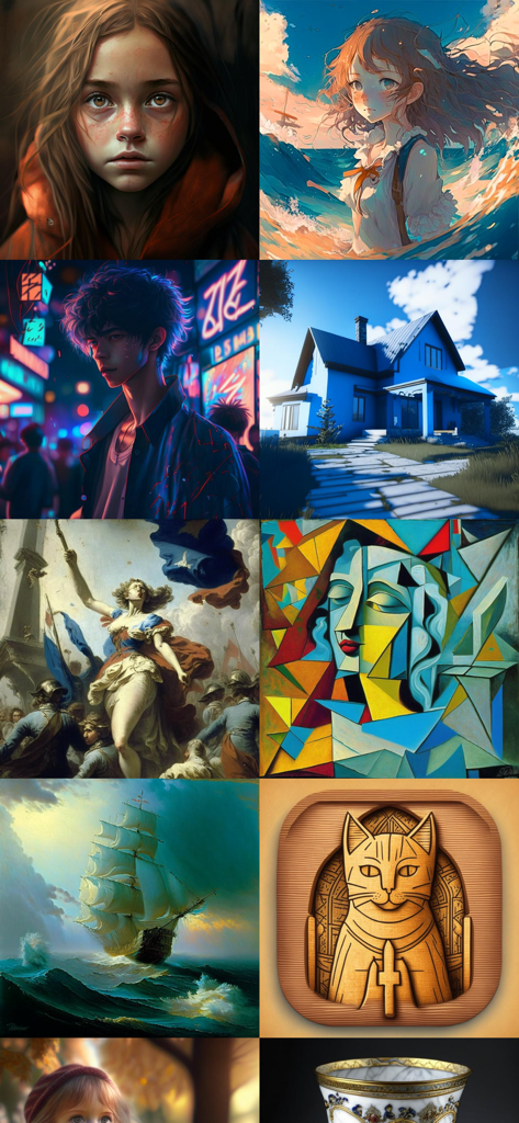 Una cuadrícula de imágenes generadas por IA en diferentes estilos como anime, cyberpunk y arte clásico