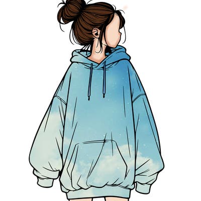 realistic girl with a oversized sweatshirt on and a bun