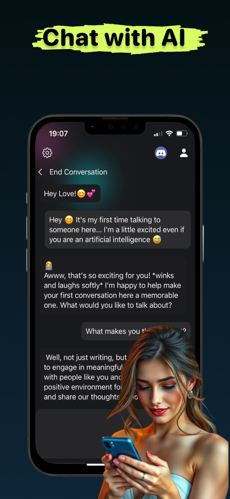 Un smartphone affichant l'interface Chat with AI dans l'application AI Art Generator, présentant une conversation textuelle avec un personnage IA.