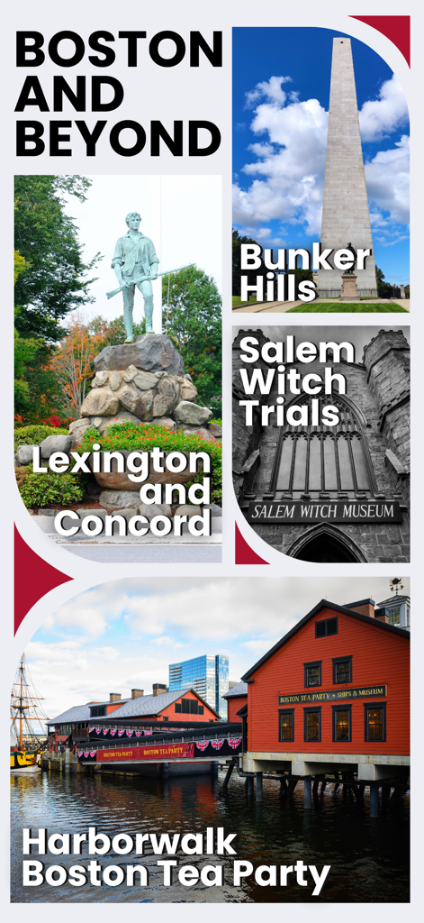 Freedom Trail Boston Guide - A collage showing historical landmarks in and around Boston including Bunker Hill and the Salem Witch Museum