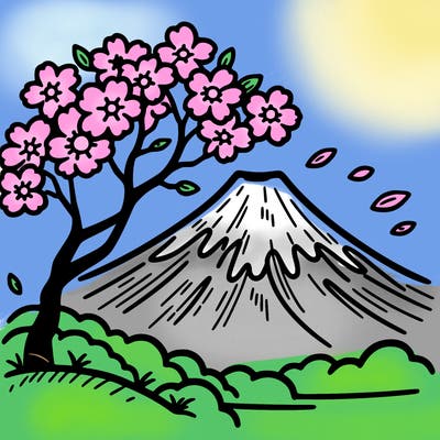 mount fuji with a cherry tree