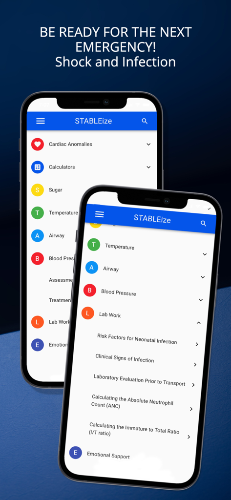 STABLEize - The STABLE Program - STABLEizeアプリのインターフェースに新生児の検査結果と感染リスク要因の臨床モジュールが表示されている