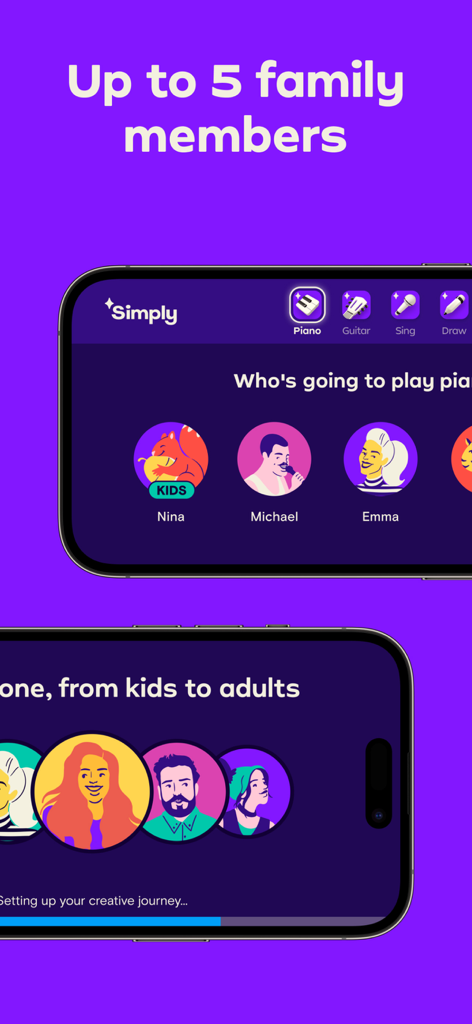 Simply Piano app interface showing separate profiles for family members including kids and adults