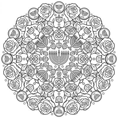 Celebrate the Festival of Lights with this exquisite Hanukkah Rose Mandala coloring page. This unique design beautifully merges traditional Hanukkah symbols with the timeless elegance of roses, offering a creative and festive activity.