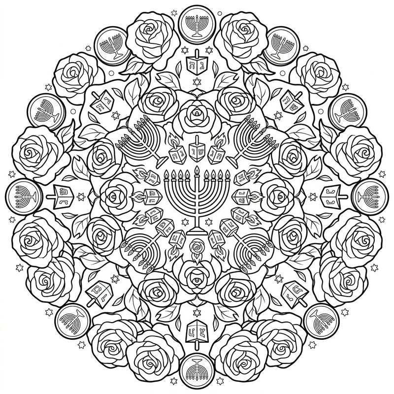 Celebrate the Festival of Lights with this exquisite Hanukkah Rose Mandala coloring page. This unique design beautifully merges traditional Hanukkah symbols with the timeless elegance of roses, offering a creative and festive activity.