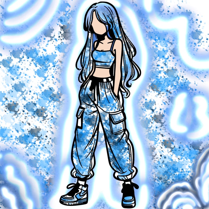 girl in baggy pants crop top and long hair