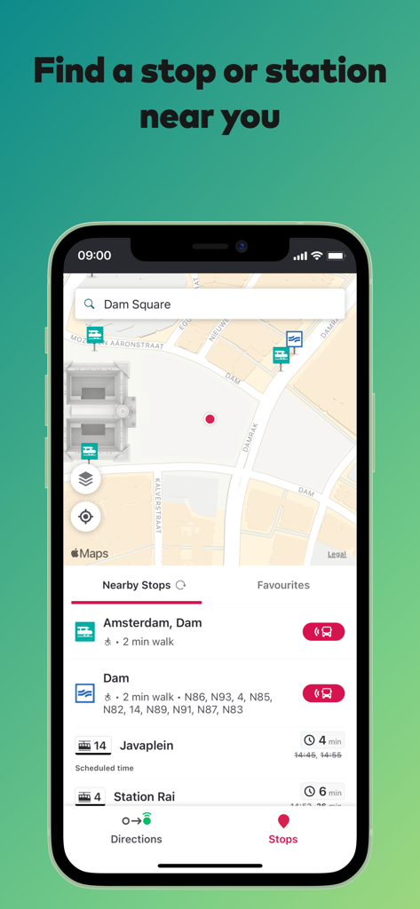Glimble: public transport - Glimble app interface showing a map of Amsterdam with nearby public transport stops and stations