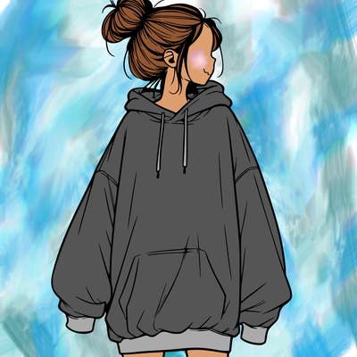 realistic girl with a oversized sweatshirt on and a bun