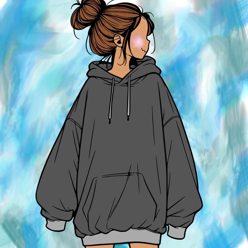 realistic girl with a oversized sweatshirt on and a bun