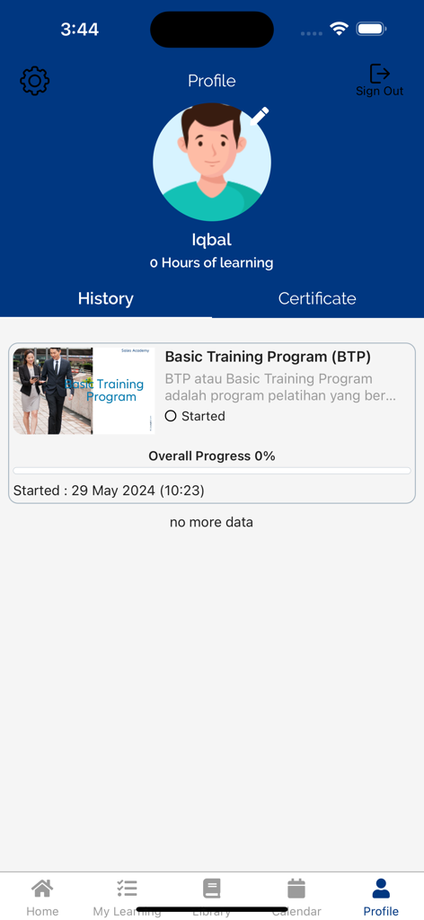 Allianz Learn - Allianz Learn profile screen showing user training history and program progress