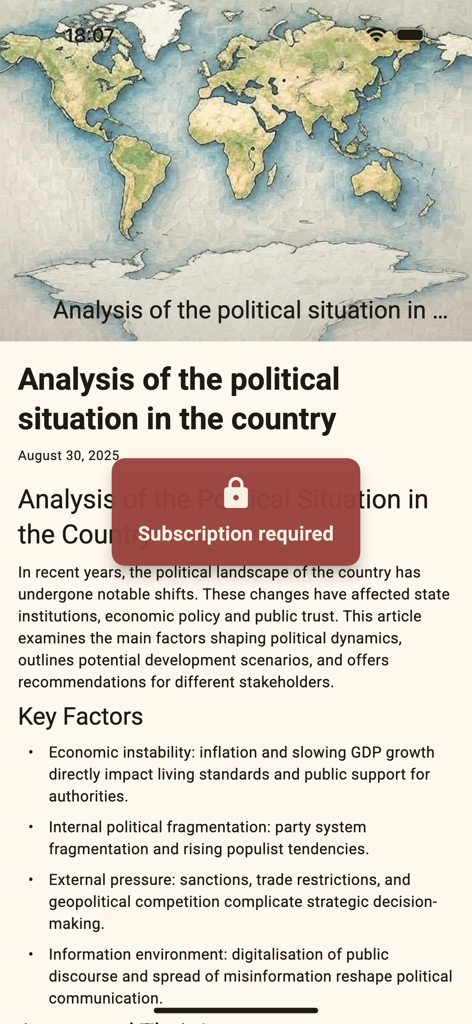 Era of Change mobile app screen showing a political analysis report with a subscription required lock overlay
