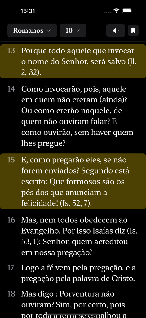 Bíblia Católica (Matos Soares) - Pantalla de lectura de la aplicación Biblia Católica Matos Soares mostrando versículos resaltados en portugués en modo oscuro.