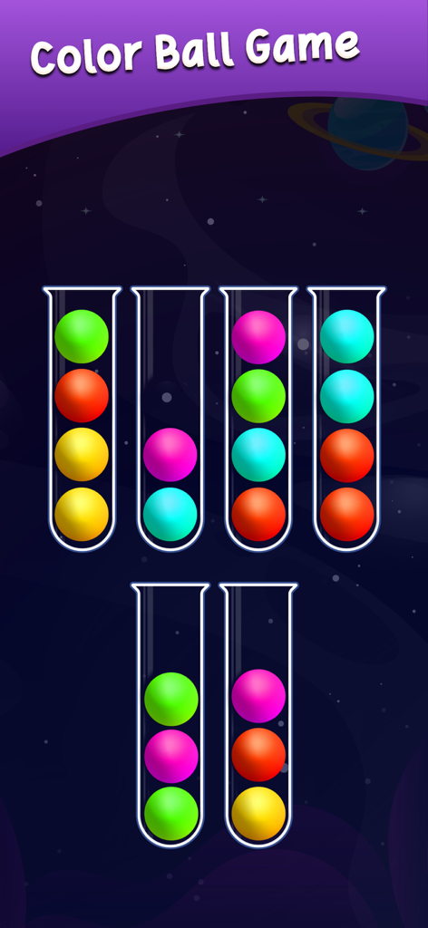 Ball Sort Puzzle - Get Color - Bolas de colores dentro de tubos de ensayo de vidrio sobre un fondo espacial en el juego Ball Sort Puzzle.
