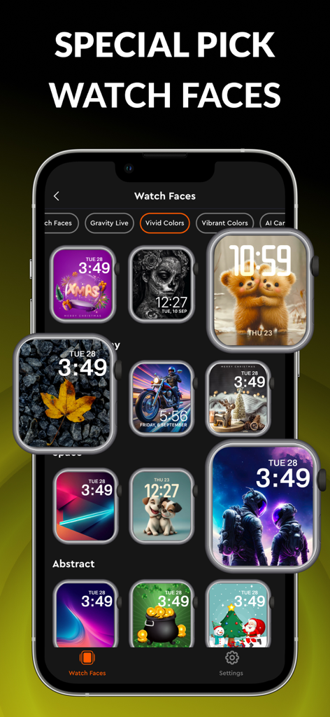 Watch Faces - Live Gallery - Smartphone screen displaying a diverse gallery of colorful and creative Apple Watch face designs