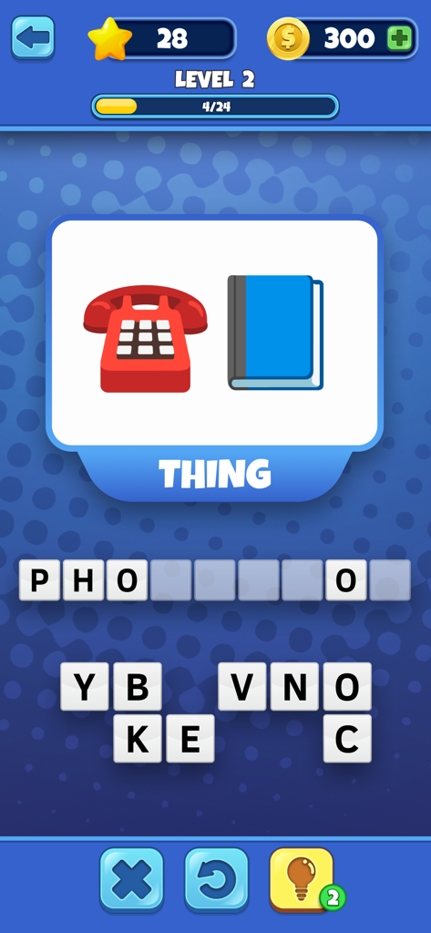 Emoji Quiz - Guess the Emojis - Gameplay screen of Emoji Quiz showing a phone and a book emoji puzzle to guess the word phonebook