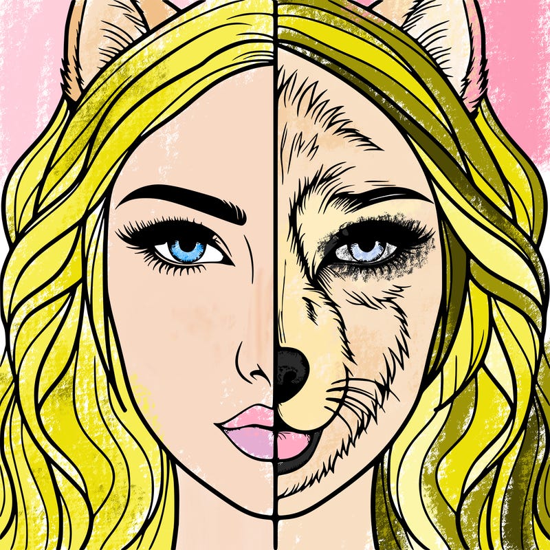 split face realistic woman and wolf