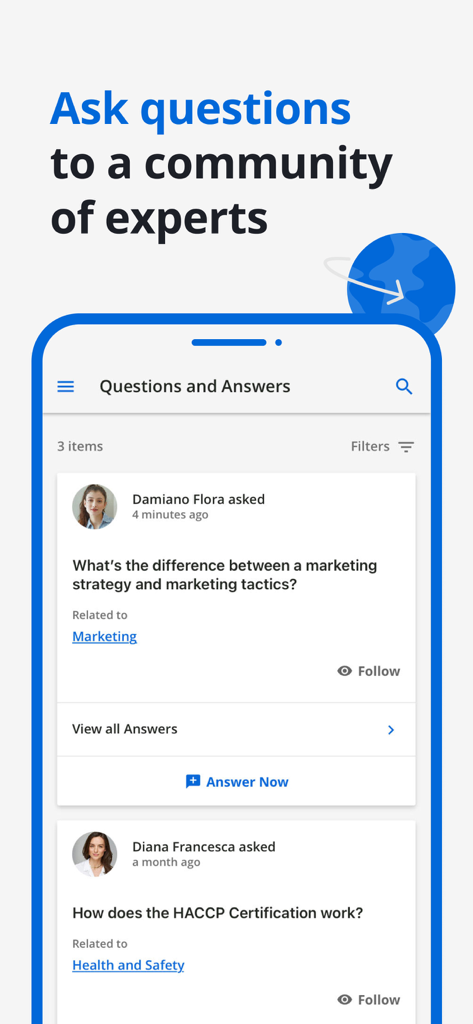 Interface of Go.Learn mobile app displaying a community questions and answers forum for professional training.