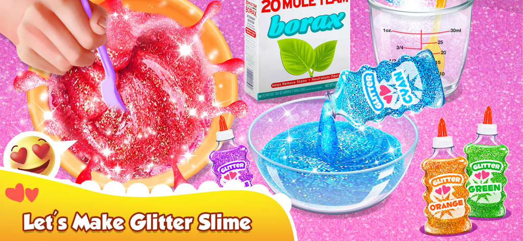 Glitter Slime Maker - A colorful digital scene showing the process of making glitter slime with various ingredients like borax and glitter bottles